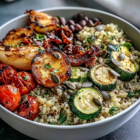 Close-up of a hearty Veggie and Quinoa Power Bowl drizzled with zesty lemon vinaigrette, served in a rustic ceramic bowl.