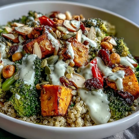 A colorful Meal Prep Week-Long Power Bowl with fluffy quinoa, roasted sweet potatoes, crunchy almonds, and creamy tahini dressing.