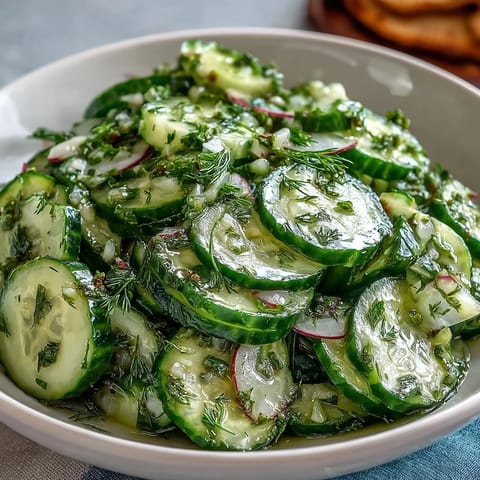 A vibrant spring salad with crunchy cucumbers, radishes, and a tangy dill vinaigrette, perfect for a light side dish.