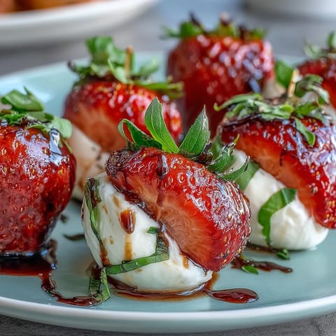 Vibrant strawberry and mozzarella caprese skewers, finished with basil and balsamic drizzle, perfect for summer parties.