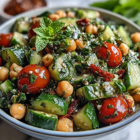 Healthy Easy Cucumber Chickpea Salad with Lemon Vinaigrette: Refreshing salad with crunchy cucumbers, protein-rich chickpeas, and fresh herbs, drizzled with tangy lemon dressing.  