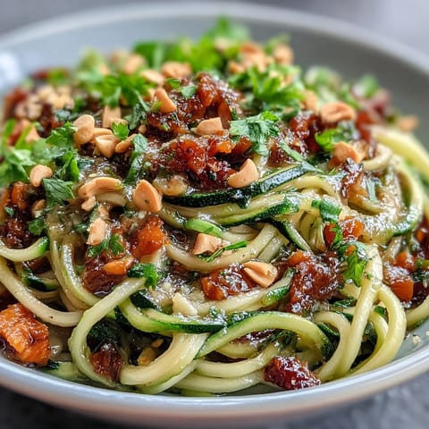 Creamy Healthy Easy Zucchini Noodle Stir-Fry with Peanut Sauce, colorful veggies tossed in a rich, savory peanut dressing for a light, nutritious meal.  