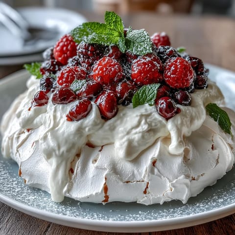Crisp meringue pavlova topped with fluffy whipped cream and a vibrant mix of fresh berries for a festive Mothers Day dessert.