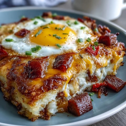 Amish Breakfast Casserole with Hash Browns, Eggs and Sausage in a golden-baked dish, loaded with melted cheese, crispy hash browns, and savory sausage.