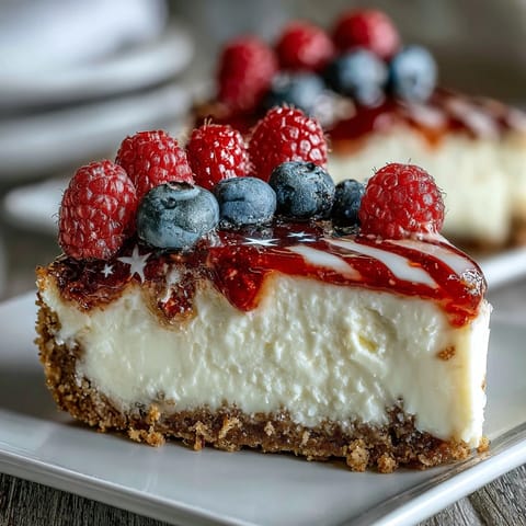 Festive no-bake cheesecake flag cake decorated with fresh blueberries and strawberry stripes for a patriotic Fourth of July dessert.  