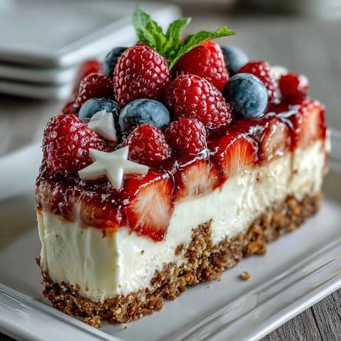 Creamy no-bake cheesecake with a buttery graham cracker crust, topped with vibrant red berries and blueberries in a classic American flag design.  