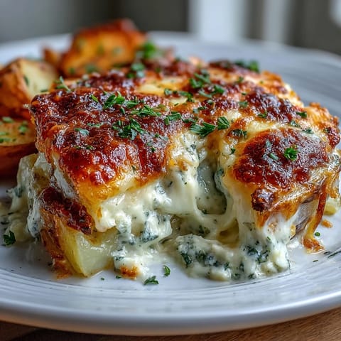 Creamy, cheesy scalloped potatoes with golden crust, perfect for holiday dinners or family gatherings.  