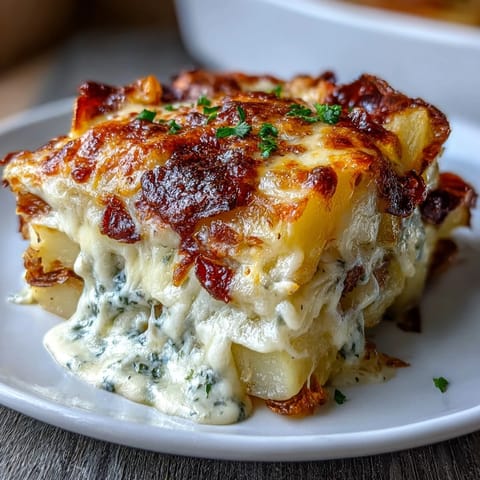 Rich, bubbling layers of tender potatoes smothered in sharp cheddar and mozzarella cheese sauce, baked until irresistible.  