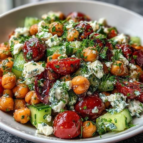 Cold chickpea salad with lemon herbs, a vibrant Mediterranean dish with juicy tomatoes and crisp cucumbers.  