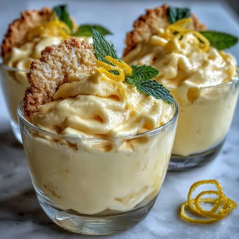 Elegant individual lemon mousse cups garnished with mint and paired with crisp, golden shortbread cookies.  