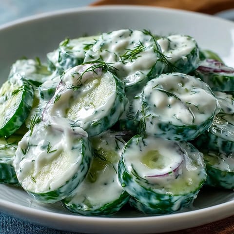 Creamy Cucumber Dill Salad with fresh dill and crisp cucumbers in a tangy sour cream dressing.  