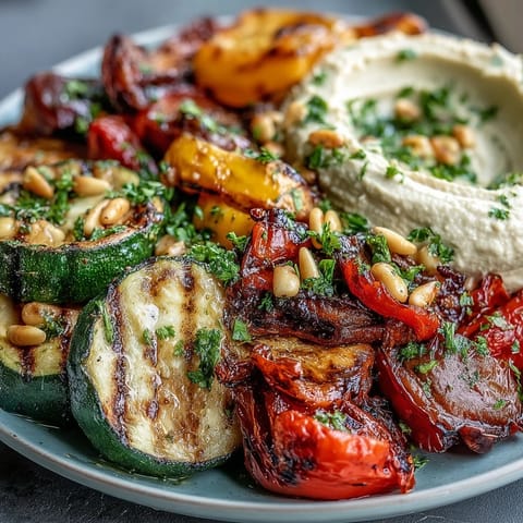 Healthy Mediterranean-inspired grilled vegetable platter with homemade hummus, garnished with parsley and pine nuts for a fresh, vibrant meal.  