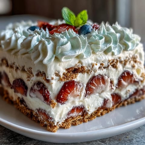 Festive Memorial Day No-Bake Icebox Cake with juicy strawberries, whipped cream, and graham crackers in patriotic layers.