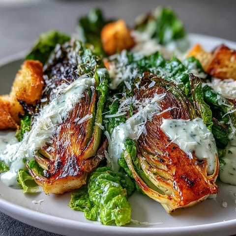 Warm, charred romaine lettuce features creamy Caesar dressing and crunchy croutons.
