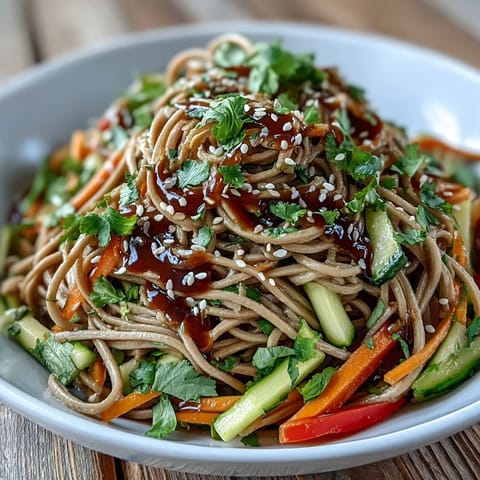 Vibrant Cold Soba Noodle Salad with Sesame Ginger dressing, a refreshing summer dish.