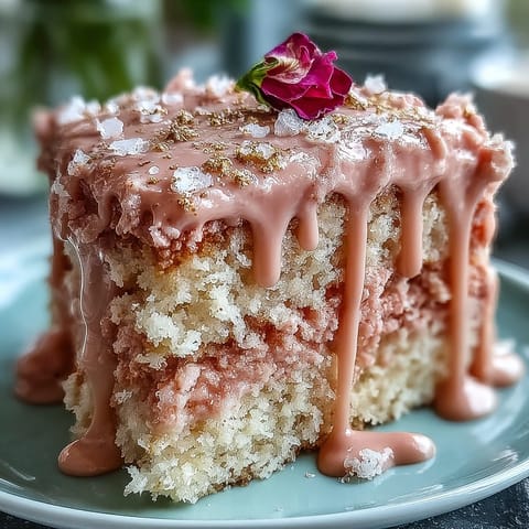 A stunning Bridal Shower Rosé Velvet Cake, frosted and glistening with gold.