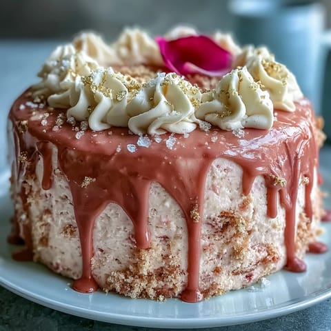 Blush pink Bridal Shower Rosé Velvet Cake cascades with elegant gold drip.