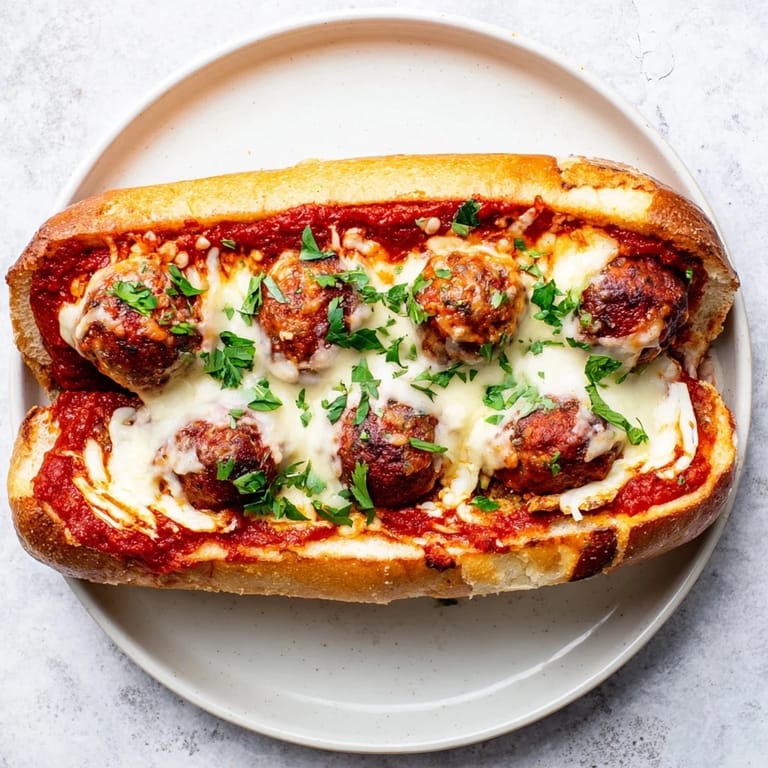 Gooey melted provolone cheese tops a warm Meatball Sub, served on a soft hoagie roll with extra sauce.