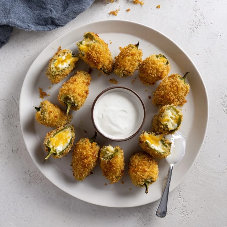 Sixteen golden, crunchy jalapeño poppers arranged with a bowl of cool ranch dip for dipping.