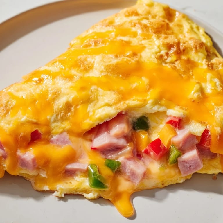 A fluffy Denver Omelet stuffed with ham, peppers, and onions, garnished with fresh parsley and served alongside crispy hash browns.