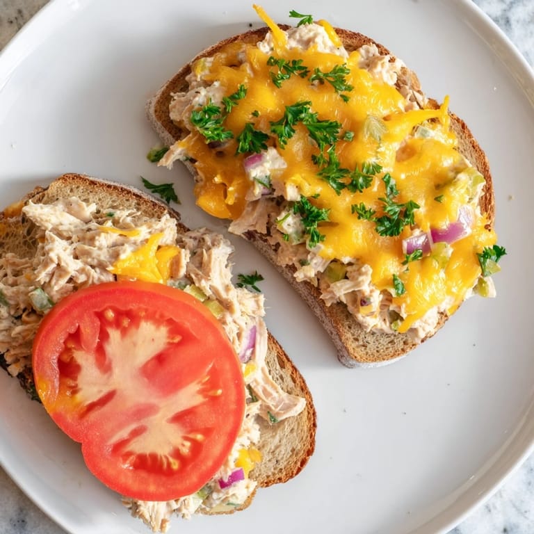 Homemade Tuna Melt broiled to perfection, featuring toasted bread, savory filling, and melted cheese on a wooden board.