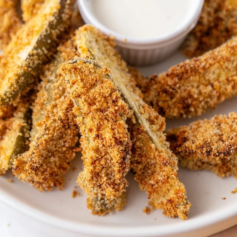Golden Fried Pickles stacked on a plate with ranch dressing for dipping.