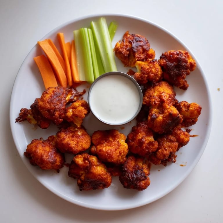 Crispy Buffalo Cauliflower Wings fresh from the oven, garnished with celery sticks on a rustic serving plate.