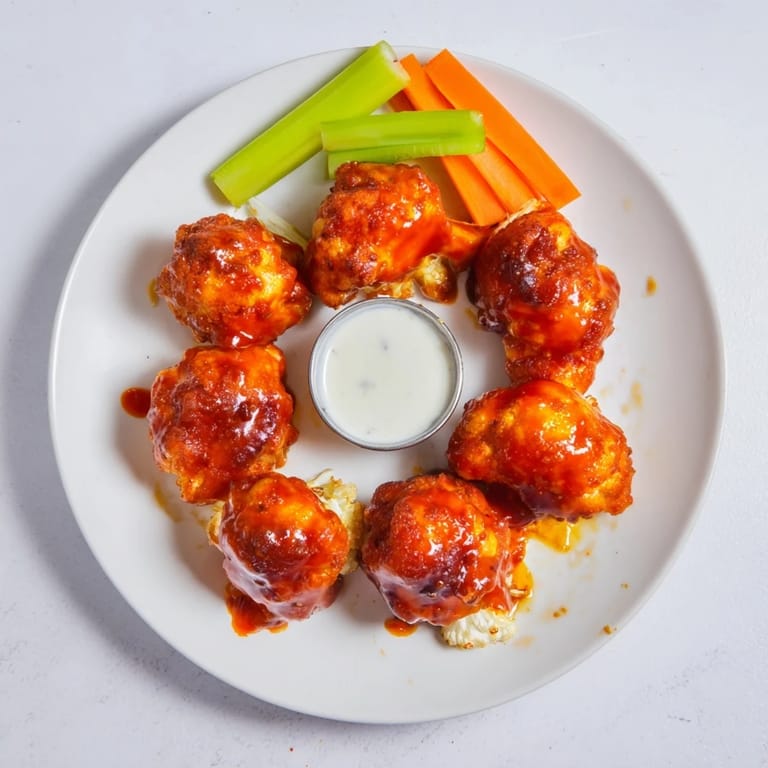 Golden-brown battered Buffalo Cauliflower Wings tossed in tangy sauce, paired with crunchy carrots and ranch dressing.