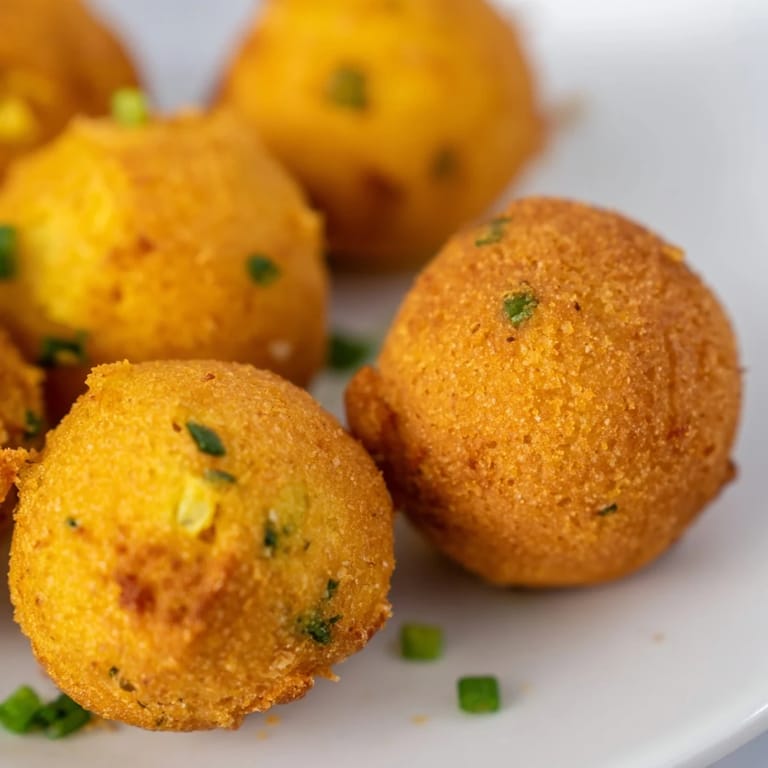 Hot, savory Hushpuppies with a tender cornmeal interior and crunchy onion bits on a rustic plate.
