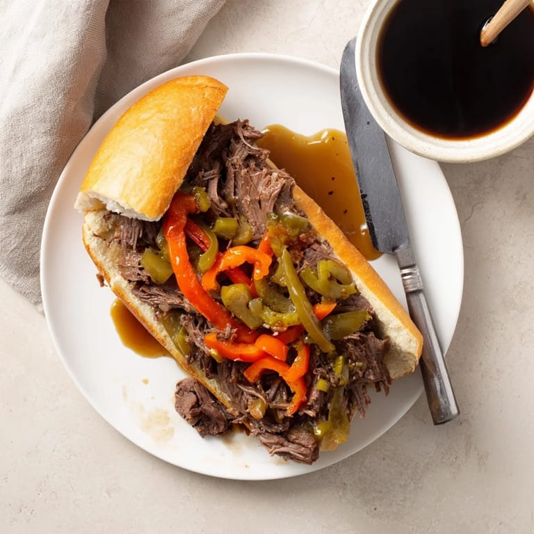 A Chicago-style Italian Beef Sandwich stuffed with juicy shredded beef, topped with sweet peppers and extra au jus.