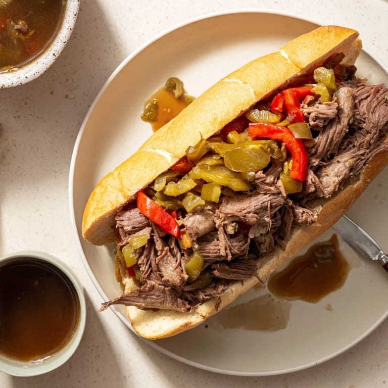 Homemade Italian Beef Sandwich served hot with dipping jus and colorful giardiniera, perfect for a weeknight dinner.