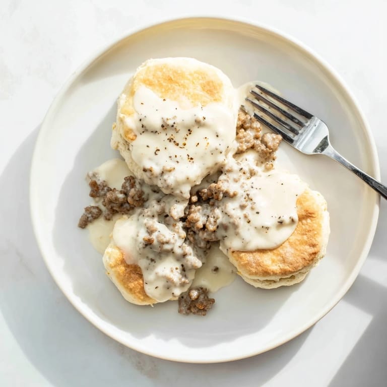 Southern-style biscuits and gravy with crumbled pork sausage and a ladle of peppery gravy.