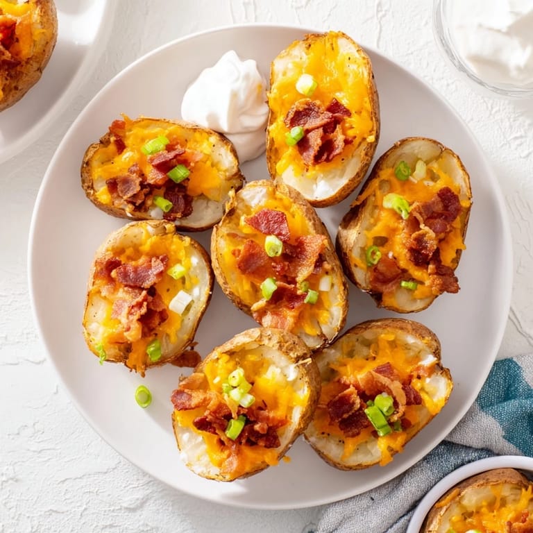 Sizzling baked Potato Skins topped with bubbly cheddar, bacon crumbles, and fresh chopped scallions.