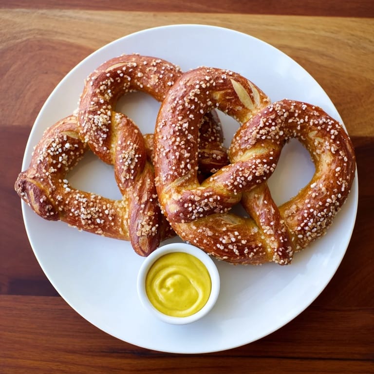 Fresh-baked Soft Pretzels with a chewy crumb and twisted shape are served alongside spicy brown mustard for dipping.