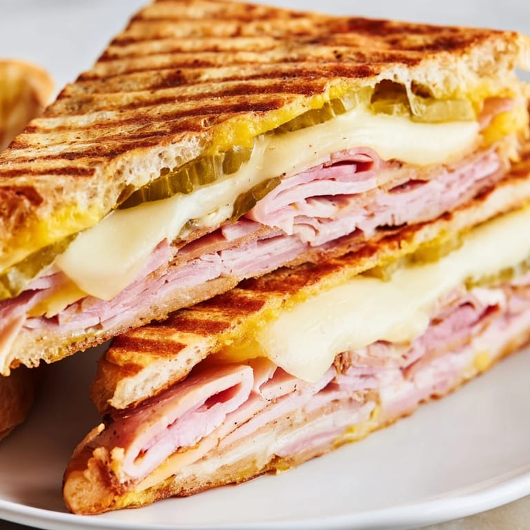 A perfectly pressed Cuban sandwich reveals crispy bread, savory pork, ham, and melted cheese, served with plantain chips.