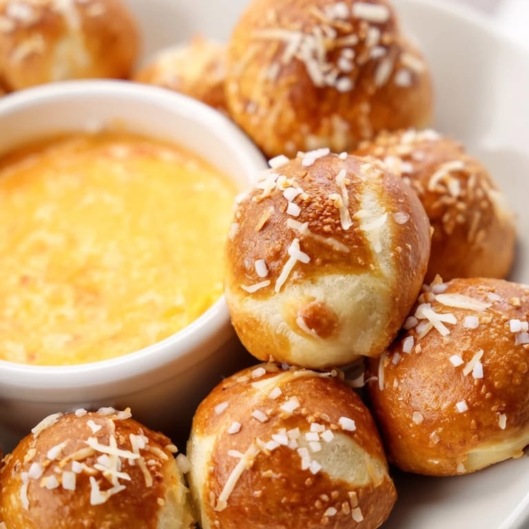 Warm, pillowy pretzel bites fresh from the oven, paired with a rich and cheesy dipping sauce on the side.