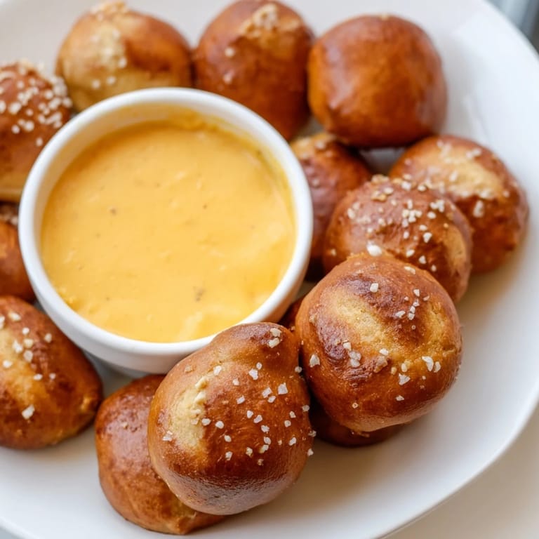 Freshly baked soft pretzel bites on a platter with a bowl of smooth, melted cheese dip for game day.
