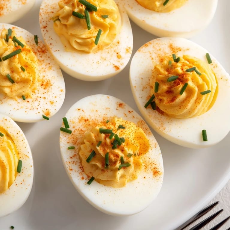 Cool halved deviled eggs topped with fresh chives and paprika, ready to serve as a savory, gluten-free snack.