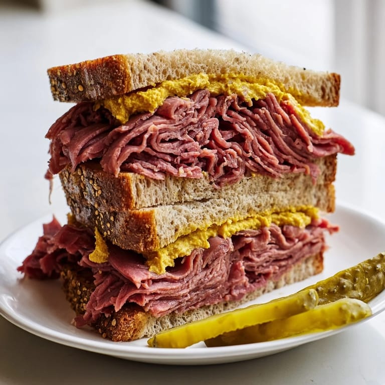 Assembled Pastrami on rye with pickles on the side, served on a rustic cutting board. Classic New York deli style sandwich ready to eat with yellow mustard and caraway rye bread.