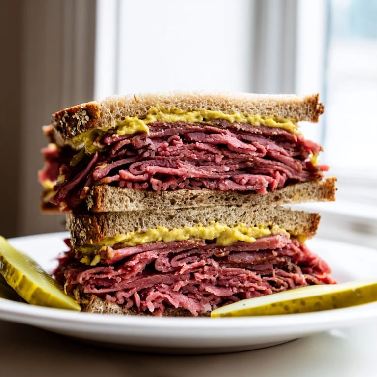 Homemade Pastrami on rye with thick layers of warm meat and sharp mustard. Served on a plate with dill pickles and potato chips, showcasing a classic American lunch.