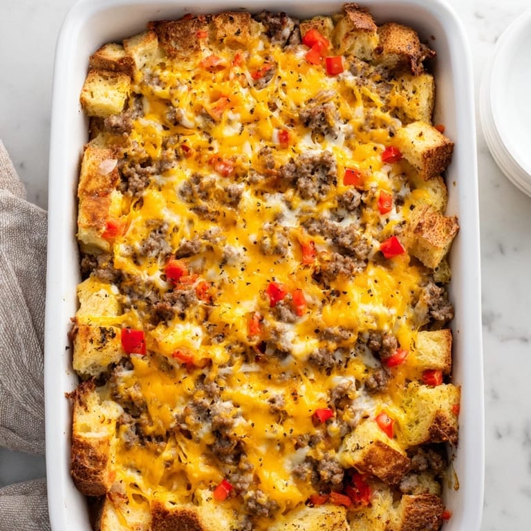 Sliced Breakfast Sausage Casserole served on a white plate, showcasing layers of cheese and sausage.