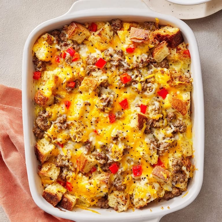 A baked Breakfast Sausage Casserole with herb-flecked egg custard and crispy bread cubes.