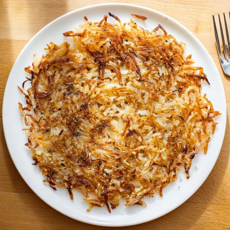 Close-up of Hash Browns fried until golden and crunchy, with a side of smoky bacon strips.