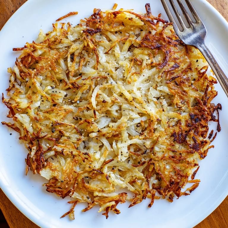 Perfectly crispy Hash Browns topped with fresh parsley and cracked black pepper on a white plate.