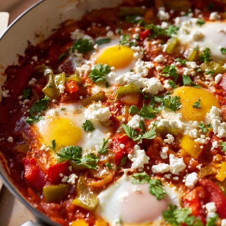 Vibrant red tomato sauce with softly poached eggs in shakshuka, garnished with herbs and spices.