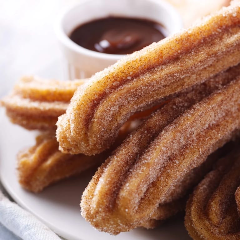 Crispy Spanish churros dusted with cinnamon sugar and dipped into a creamy chocolate sauce on a rustic table.