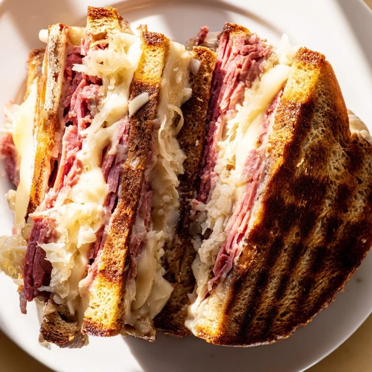Close-up of a hot Reuben Sandwich, showcasing melted Swiss cheese and tangy Russian dressing oozing from between toasted rye slices.
