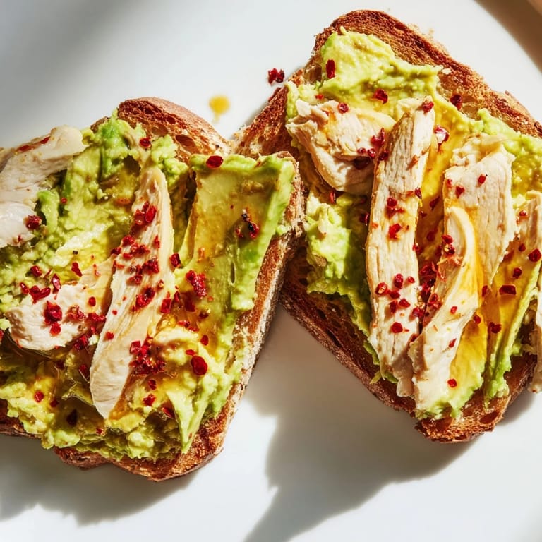 A close-up of juicy grilled chicken slices over lemony smashed avocado on toasted bread, garnished with chili flakes and a honey drizzle.