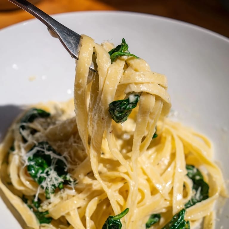 Overhead view of Creamy Garlic Spinach Pasta, with steam rising and chopped parsley sprinkled over the rich, cheesy Italian-inspired dish.