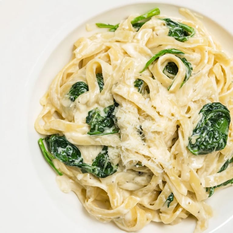 A close-up of Creamy Garlic Spinach Pasta, featuring wilted spinach and a glossy garlic cream sauce coating every fettuccine strand.